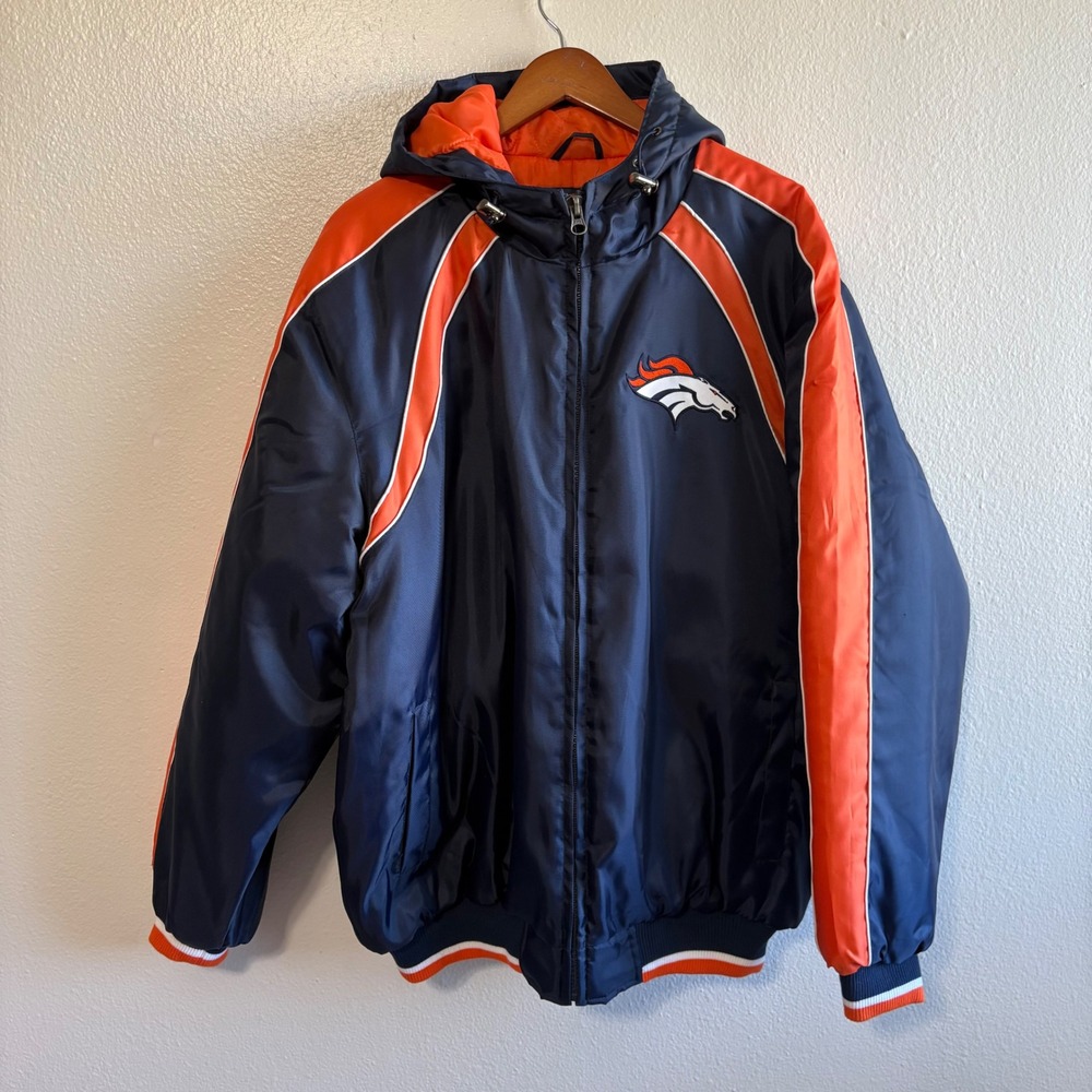 NFL Broncos Men's Large Navy Blue Orange Puffer Bomber Jacket Travel Winter